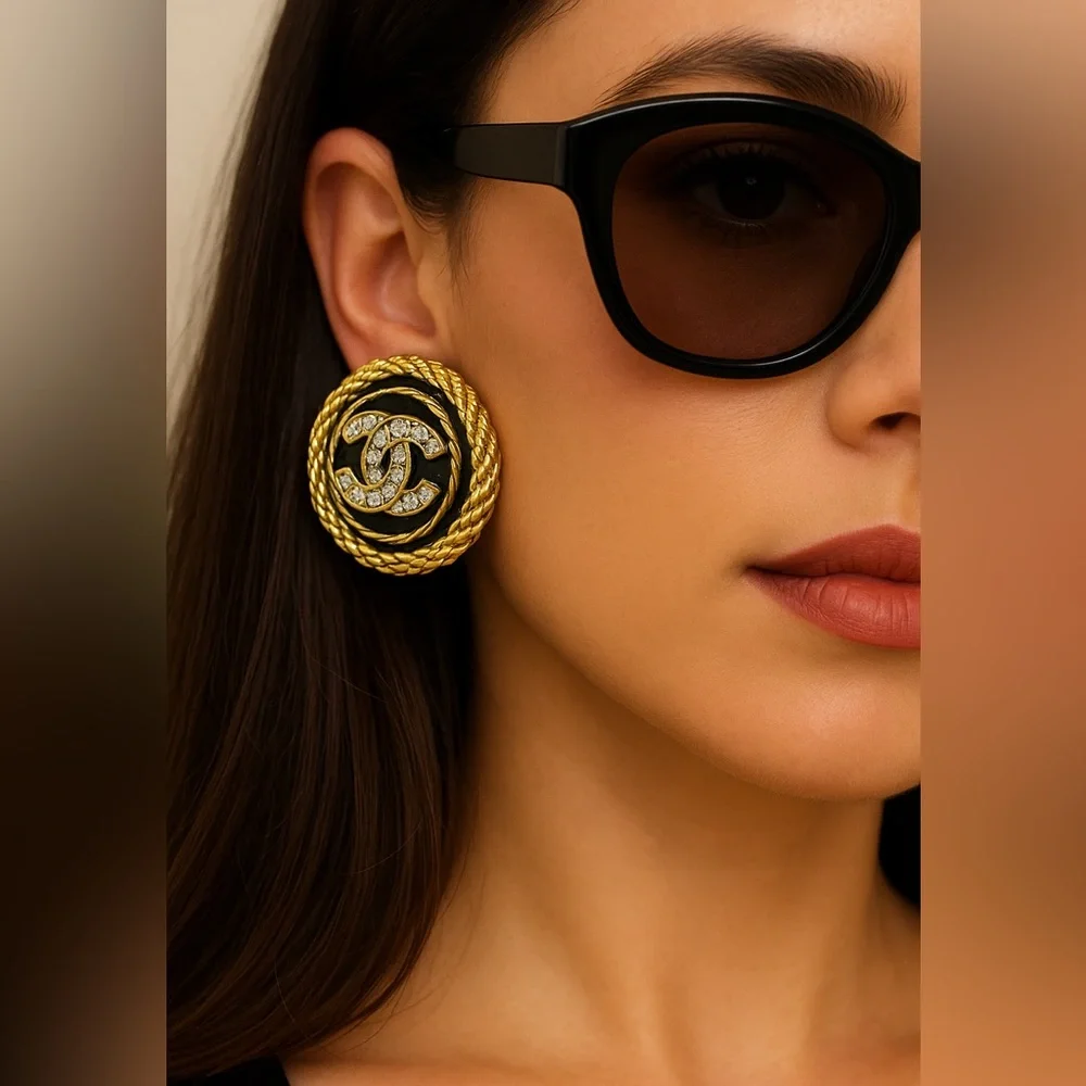 Like New ✨CHANEL vintage gold plated earrings ,crystal CC.